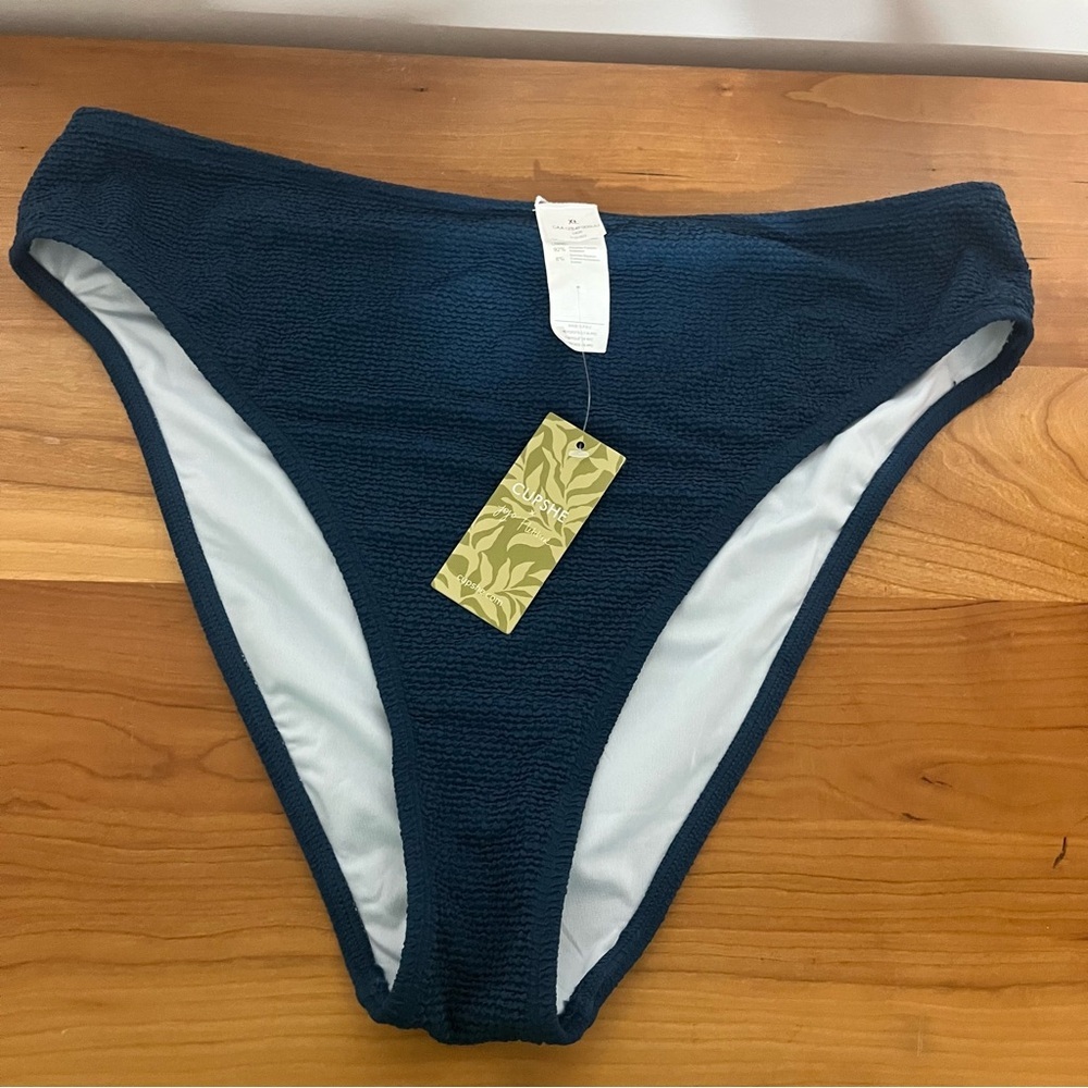 Cupshe‎ x JoJo Fletcher Navy Blue Crinkle Smocked High Waist Bikini Bottom XL